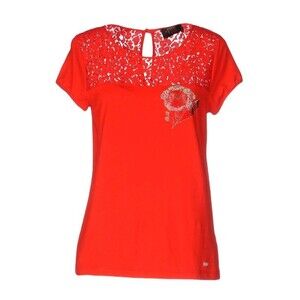 VDP Club Bright Red Lace Sequined Rose Short Sleeve Stretch T-shirt Top Sz 8